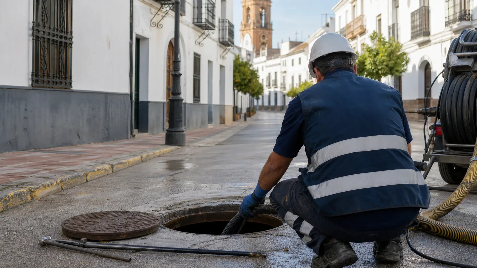 Operario con equipo de protección inspeccionando una alcantarilla abierta en una red de saneamiento