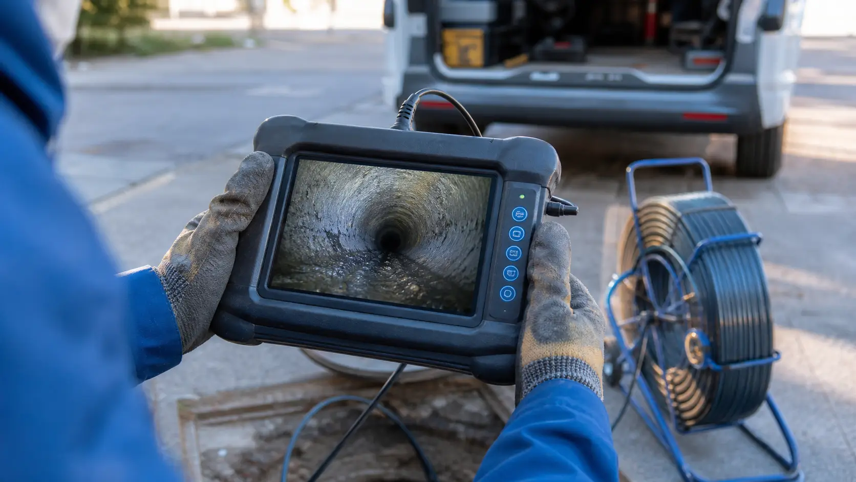 Monitor portátil mostrando el interior de una tubería durante una inspección con cámara en Jerez