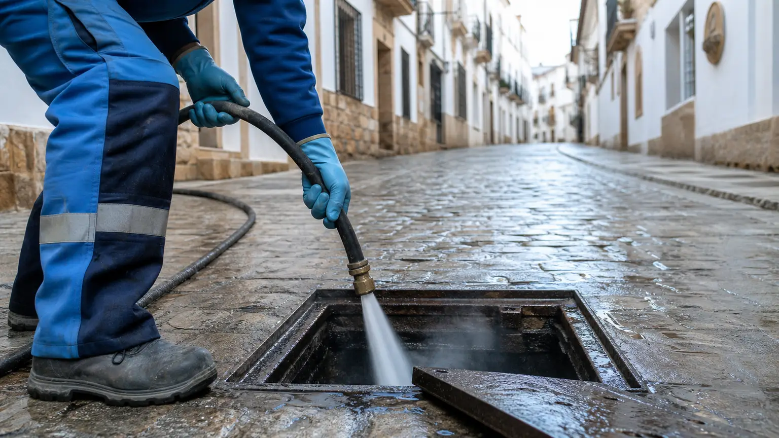 Manguera de agua a alta presión introducida en una arqueta durante un desatasco en Jerez
